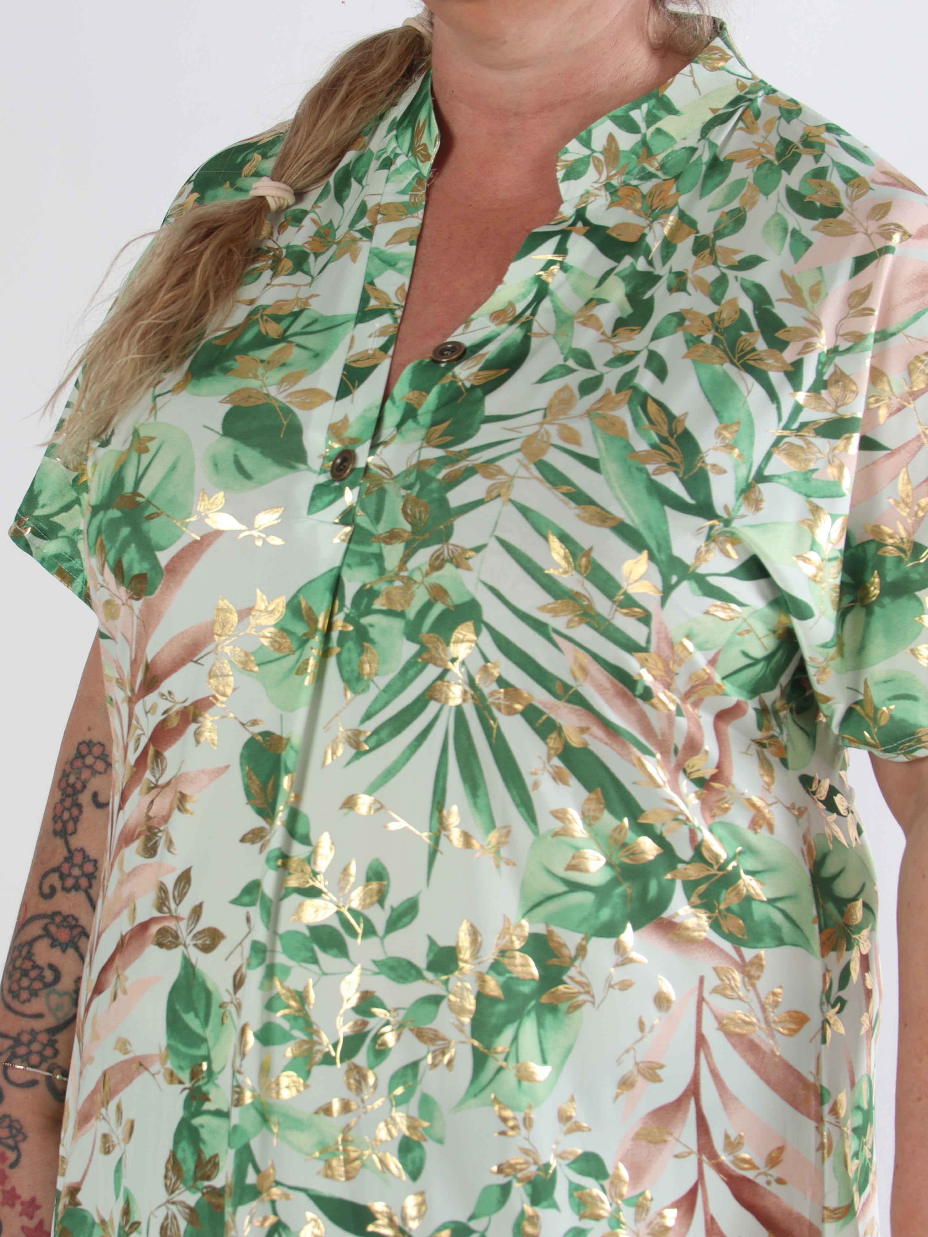 Ebba Gold Leaf Sleeveless - Plus size skjortekjole i elastisk stof med bladprint